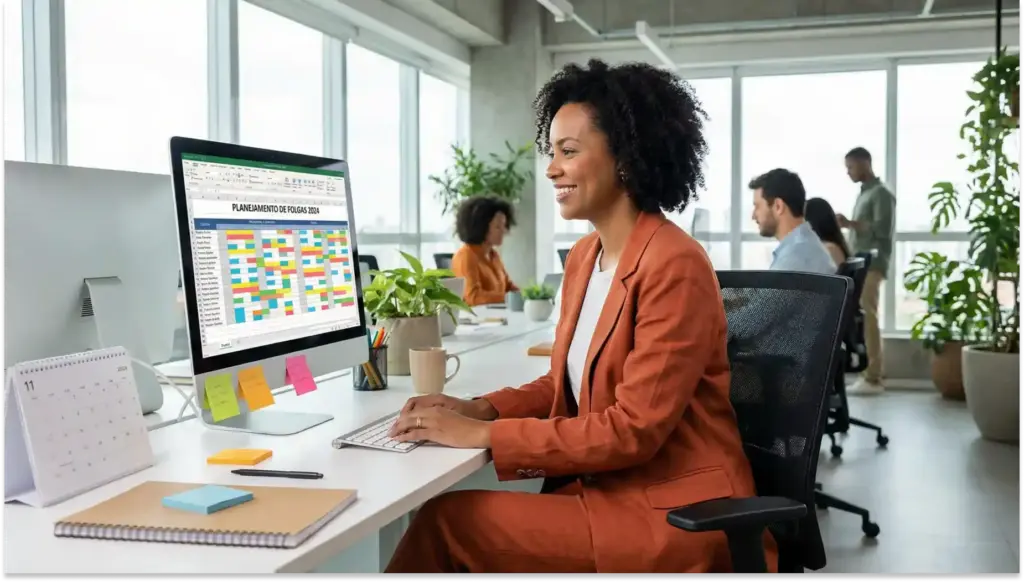 Mulher de cabelos cacheados, usando terno marrom, trabalhando em escritório moderno com computador de monitor grande e ambiente iluminado.