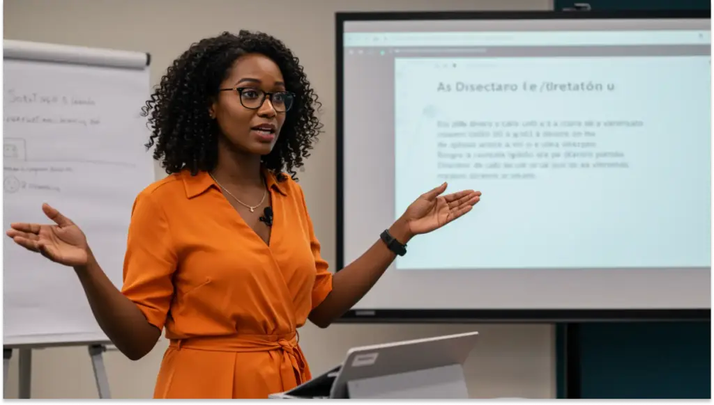 Mulher negra explicando apresentação em sala de aula com tela de projeção e quadro branco ao fundo, durante uma palestra ou aula.