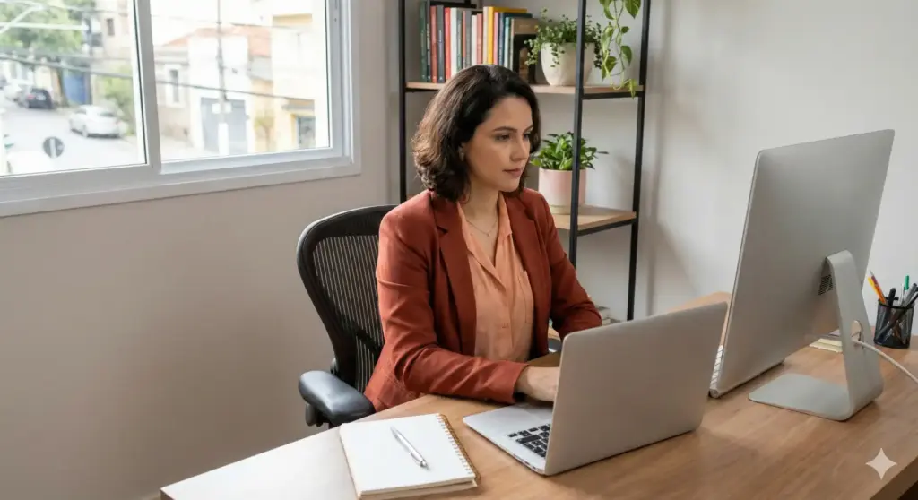 Mulher trabalhando no home office em casa, usando notebook e computador de mesa, ilustrando como funciona o trabalho remoto nas empresas