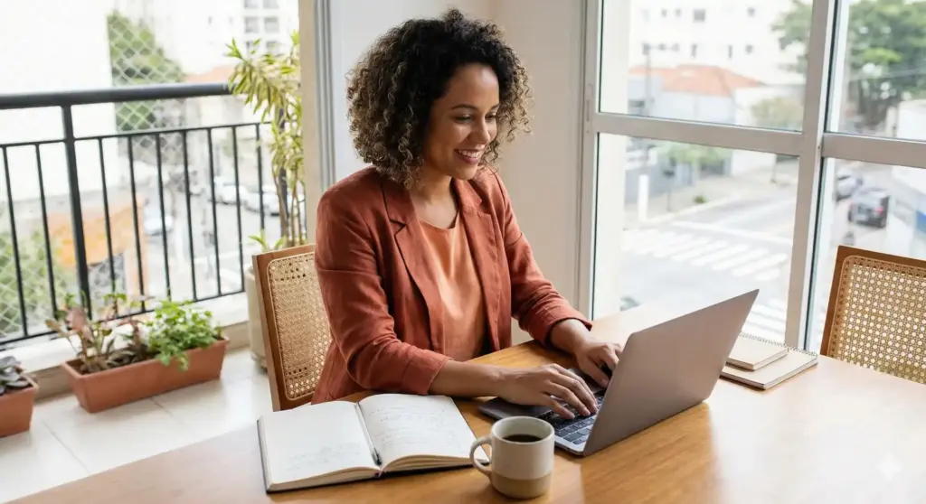 Mulher trabalhando de home office em um ambiente bem iluminado com janelas grandes e vista para a cidade, usando blazer e sorrindo enquanto digita no laptop.