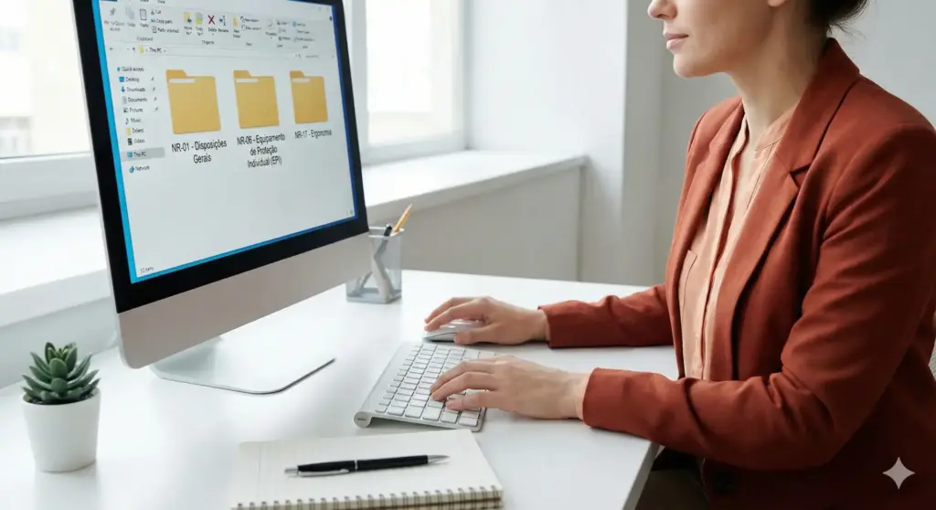 Profissional de RH analisando documentos digitais no computador sobre Normas Regulamentadoras e detalhes importantes para o setor de Recursos Humanos e Departamento Pessoal.