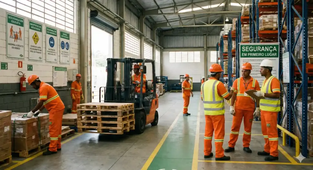 Profissionais de segurança e logística no ambiente industrial em conformidade com as Normas Regulamentadoras, destacando a importância do treinamento e uso de EPIs para o RH e Departamento Pessoal.
