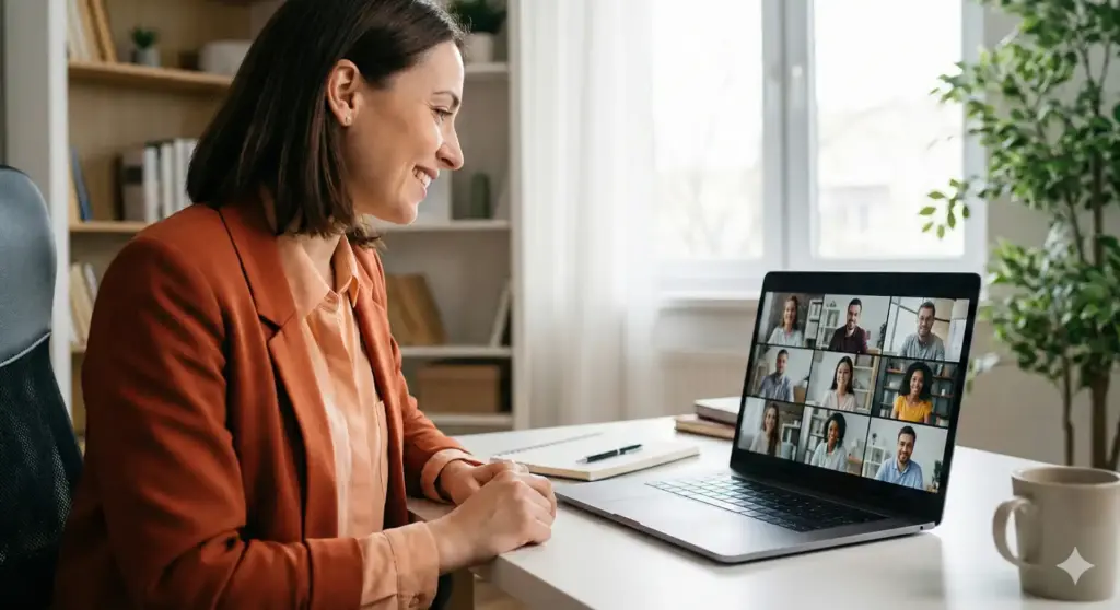 Mulher participando de reunião de home office por videoconferência, em um ambiente doméstico com computador, livros e planta ao fundo.