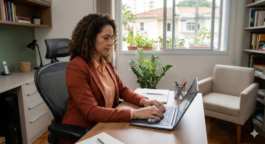 Profissional trabalhando de home office em ambiente confortável com computador portátil e livros na estante, ilustrando como funciona o home office nas empresas.