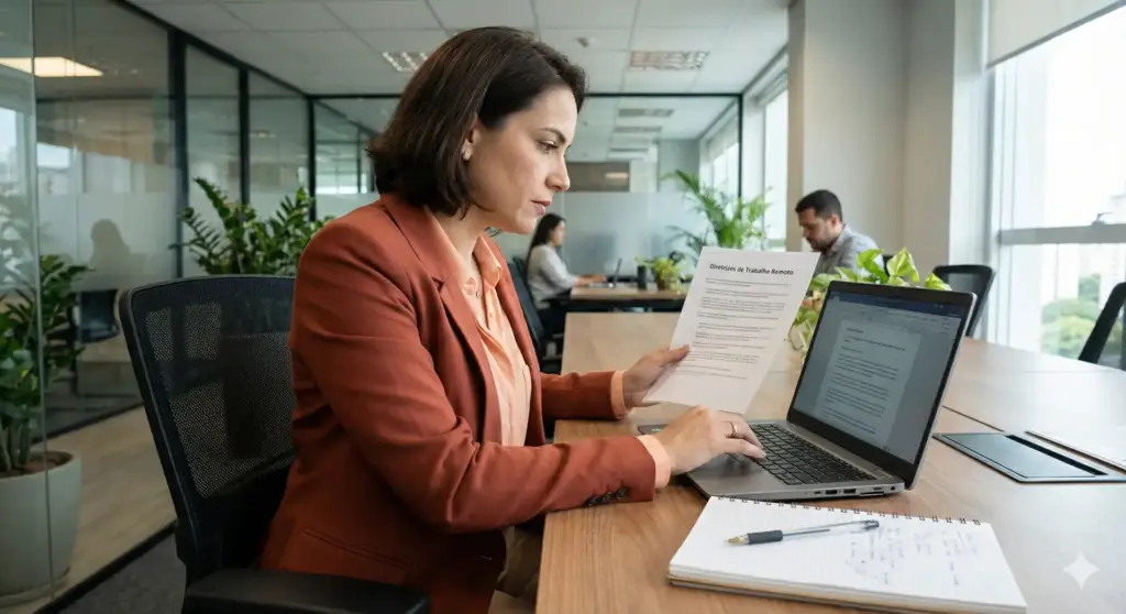 Profissional trabalhando no modelo de home office em um ambiente de escritório moderno, com computador, documentos e ambiente iluminado.