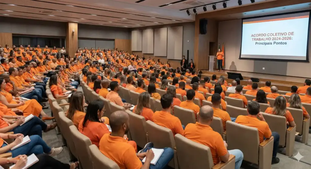 Pessoas participando de uma palestra sobre o acordo coletivo de trabalho, com foco em regras e negociações, em um auditório cheio de ouvintes de camiseta laranja.