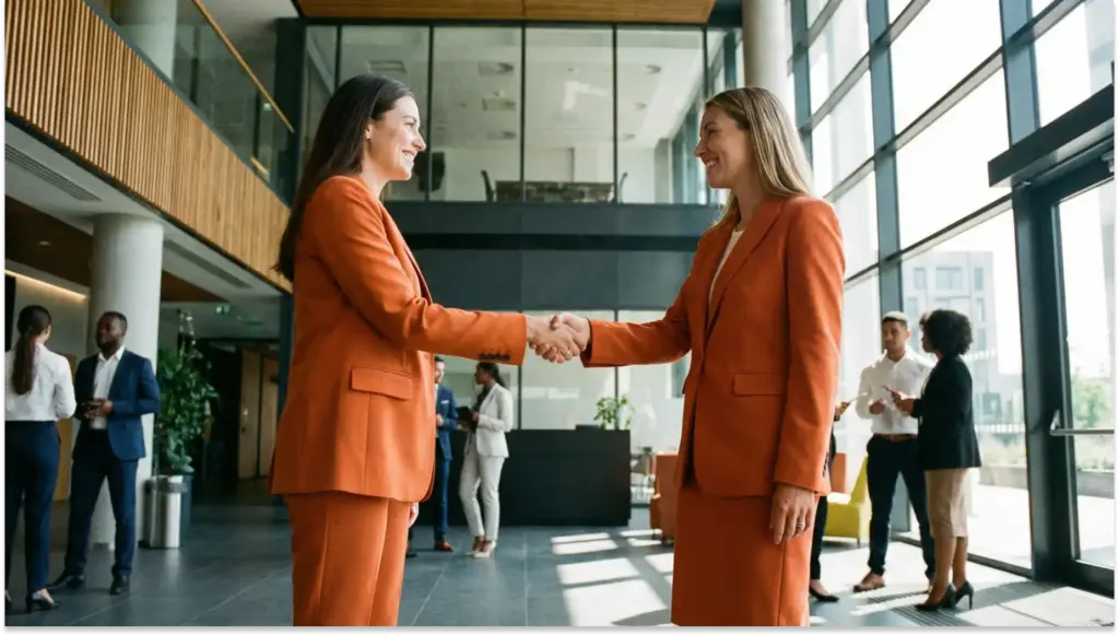 Duas mulheres de negócios apertando as mãos em um ambiente corporativo moderno, simbolizando parceria, negociação e sucesso empresarial.