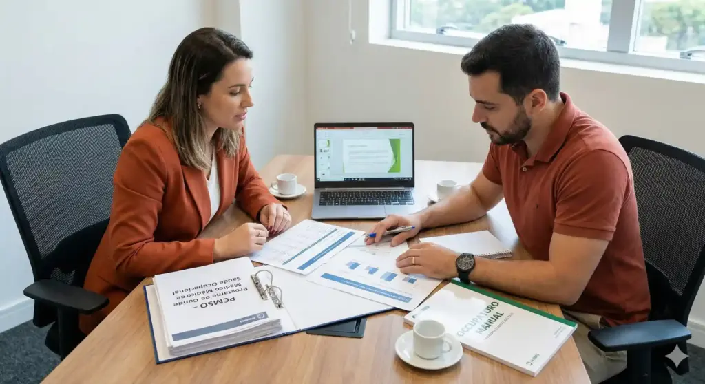 Dupla de profissionais discutindo sobre PCMSO, documento essencial para a saúde ocupacional e obrigatório em empresas, em ambiente de escritório.