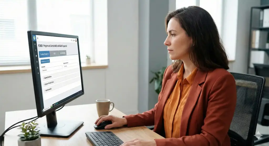 Profissional de saúde realizando cadastro de PCMSO no computador, explicando o que é, quando é obrigatório e como aplicar o procedimento de segurança no trabalho.