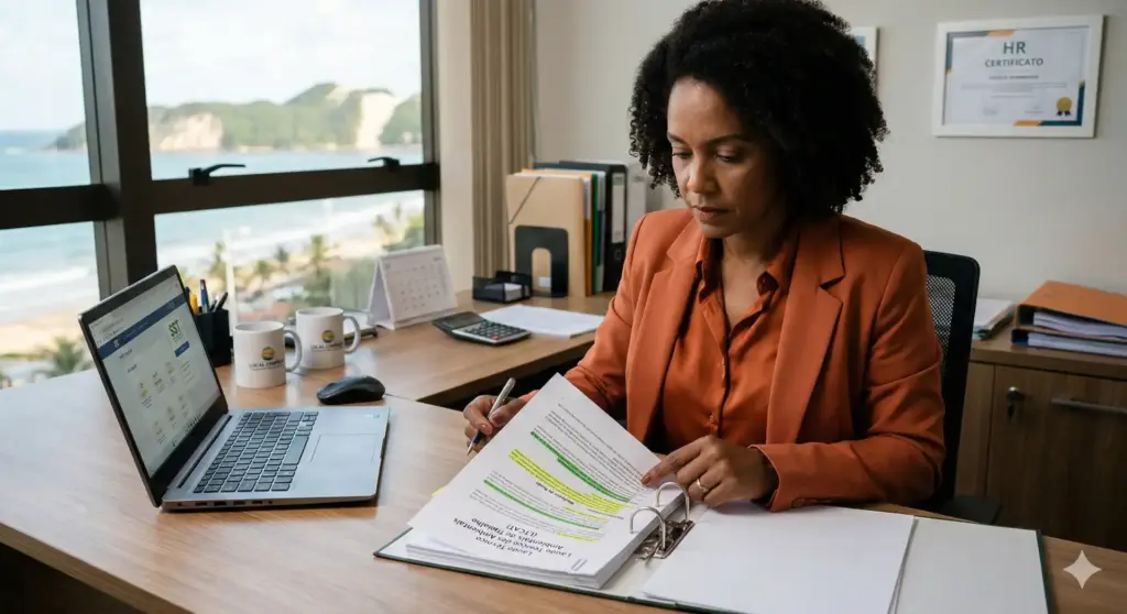 Profissional analisando documento sobre LTCAT em escritório, com computador, livros e certificado de capacitação ao fundo, explicando o que é, para que serve e como fazer corretamente o LTCAT.