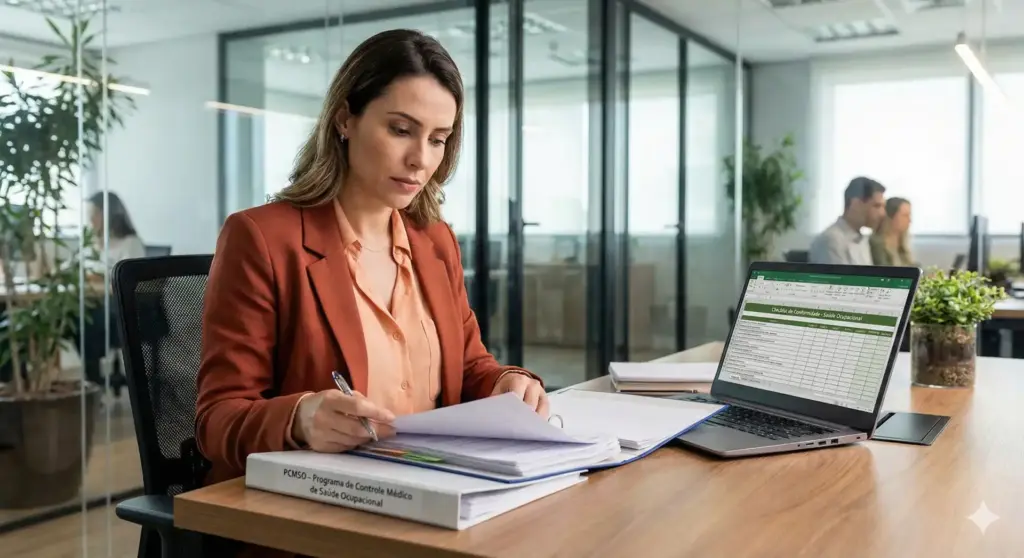 Profissional de saúde analisando documentos relacionados ao PCMSO em ambiente de escritório moderno, com laptop e plantas ao fundo.