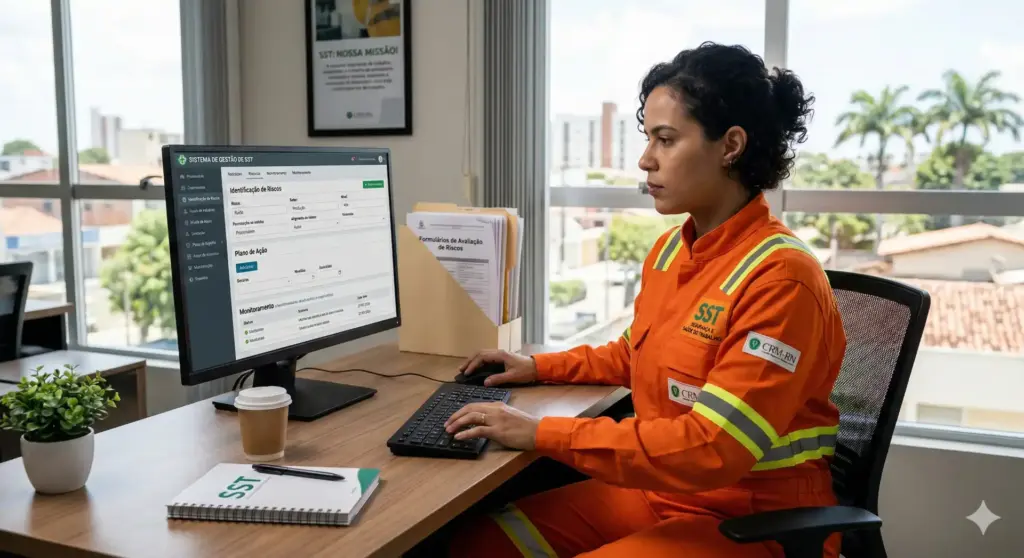 Profissional de segurança do trabalho analisando sistema de gerenciamento de risco (PGR) em escritório com vista para cidade ao fundo, promovendo segurança no trabalho.