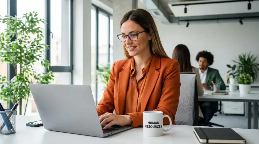Mulher profissional trabalhando em escritório moderno com laptop, usando blazer laranja, cercada por plantas e colegas de trabalho ao fundo.