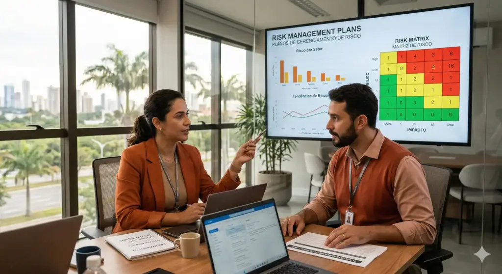 Reunião de profissionais analisando plano de gerenciamento de risco (PGR) em empresa, com tela exibindo matriz de risco e tendências, para entender e implementar o Programa de Gerenciamento de Risco.