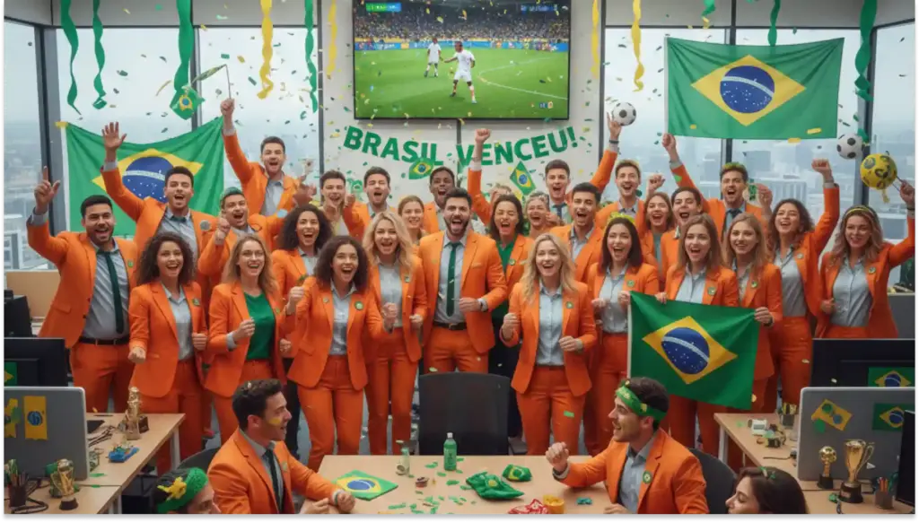 Grupo de torcedores comemorando a vitória do Brasil na Copa do Mundo, com pessoas sorrindo, bandeiras brasileiras e decor ações patrióticas.