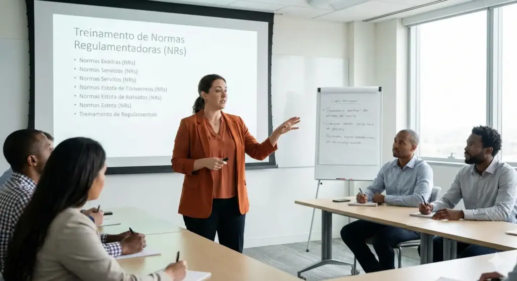 Curso de treinamento sobre Normas Regulamentadoras (NRs) voltado para profissionais de RH e Departamento Pessoal, com apresentação e discussão em sala de aula.
