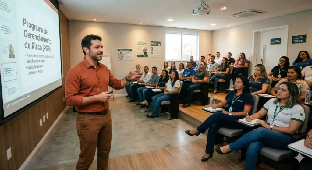 Treinamento sobre Programa de Gerenciamento de Risco (PGR) com apresentação para um grupo de participantes em sala de aula, abordando conceitos de gestão de riscos.