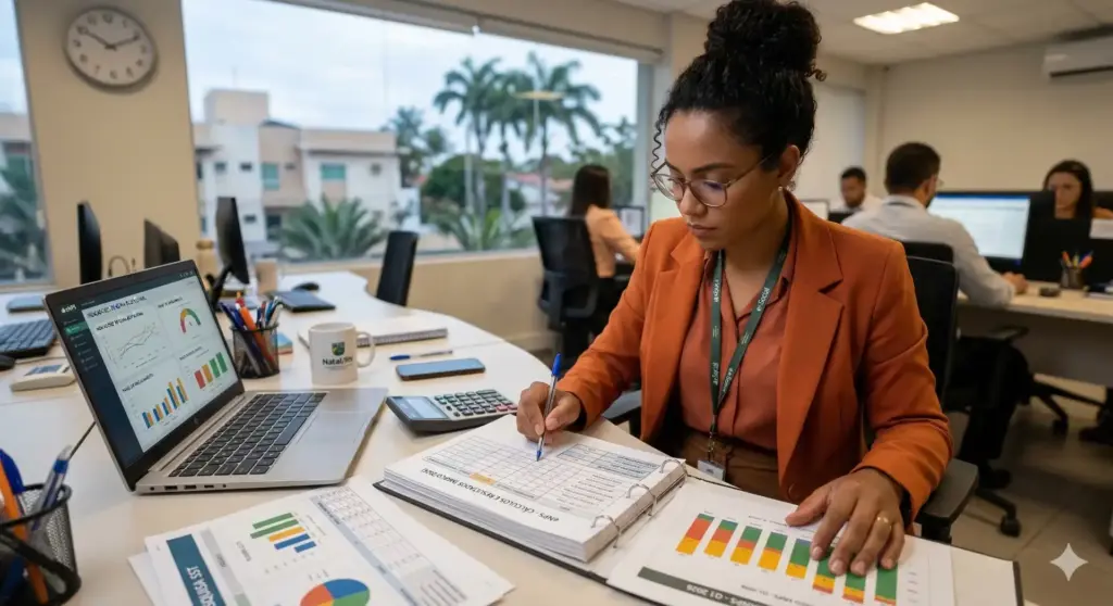 Profissional analisando dados sobre eNPS, métricas de engajamento dos colaboradores e estratégias de melhoria de clima organizacional em ambiente de escritório corporativo.