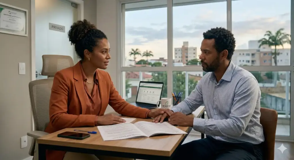 Profissional de RH realizando entrevista com trabalhador sobre doenças ocupacionais, exemplos e ações para o setor de recursos humanos.