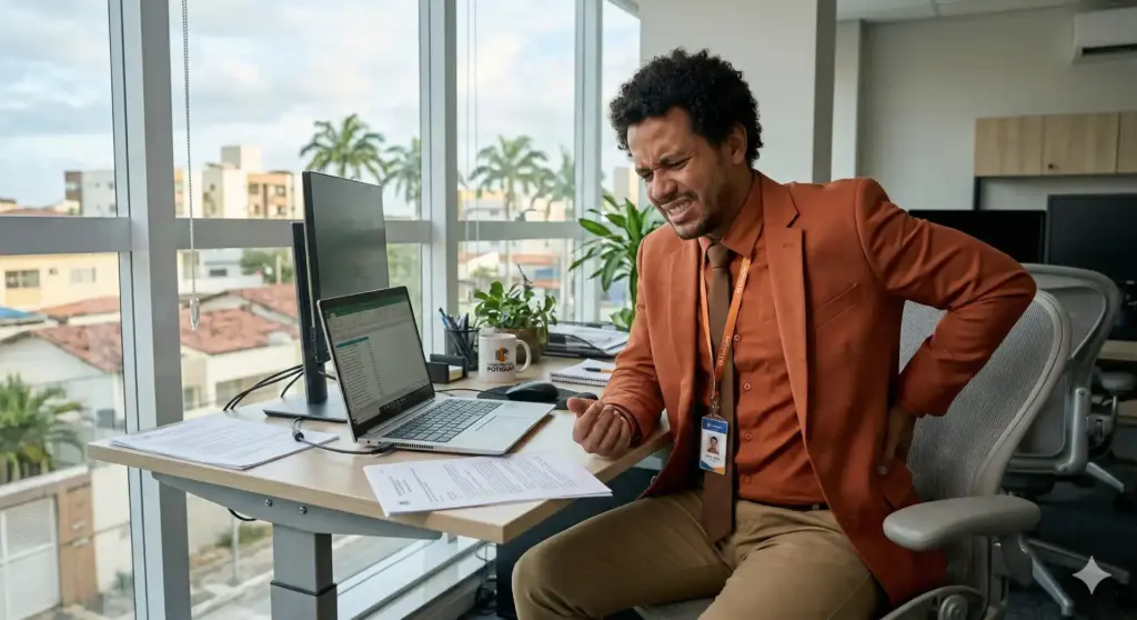 Homem de terno no escritório sentindo dor na região lombar, ilustrando sintomas de uma possível doença ocupacional relacionada ao ambiente de trabalho.