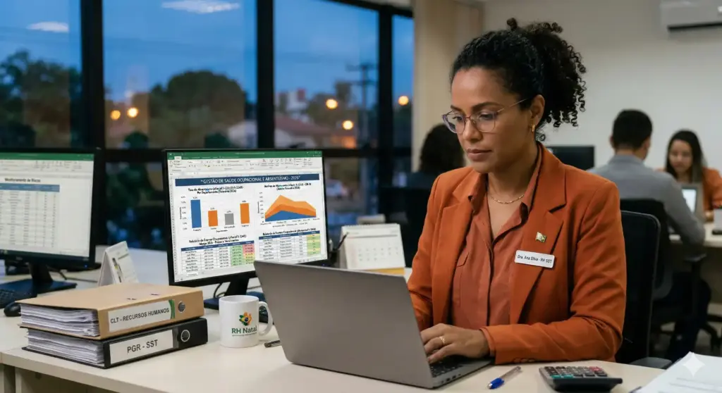 Profissional de Recursos Humanos analisando dados em laptop em escritório, com foco em doenças ocupacionais e estratégias de atuação do RH.
