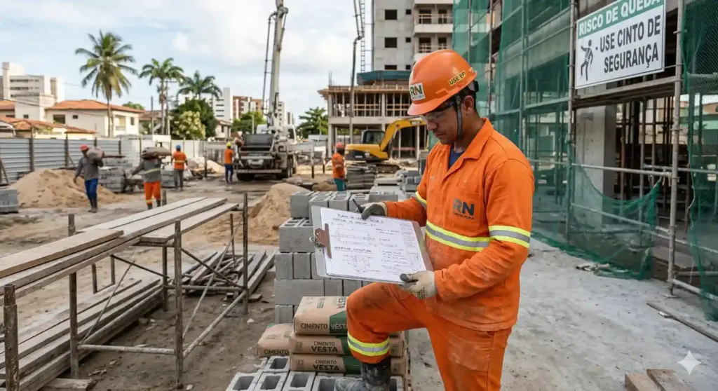 Engenheiro de obra civil verificando planejamento em canteiro de obras, relacionado a 44 horas semanais, horas por dia e cálculo de jornada de trabalho.