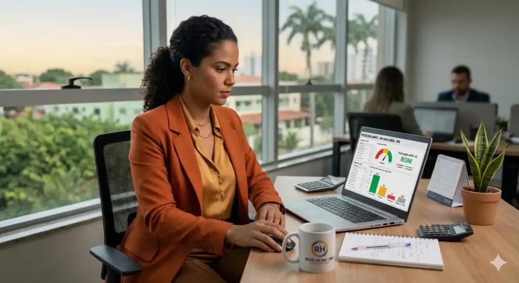 Profissional analisando dados de eNPS em um escritório moderno com laptop, gráficos e plantas, explicando como calcular e melhorar o engajamento dos colaboradores.