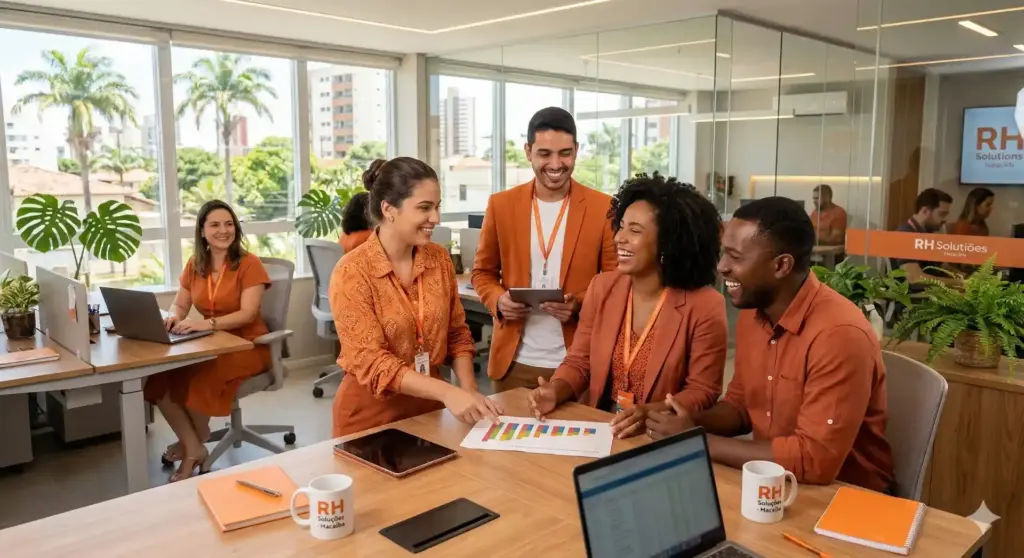 Reunião de equipe discutindo eNPS: o que é, como calcular e como melhorar o engajamento no ambiente corporativo.