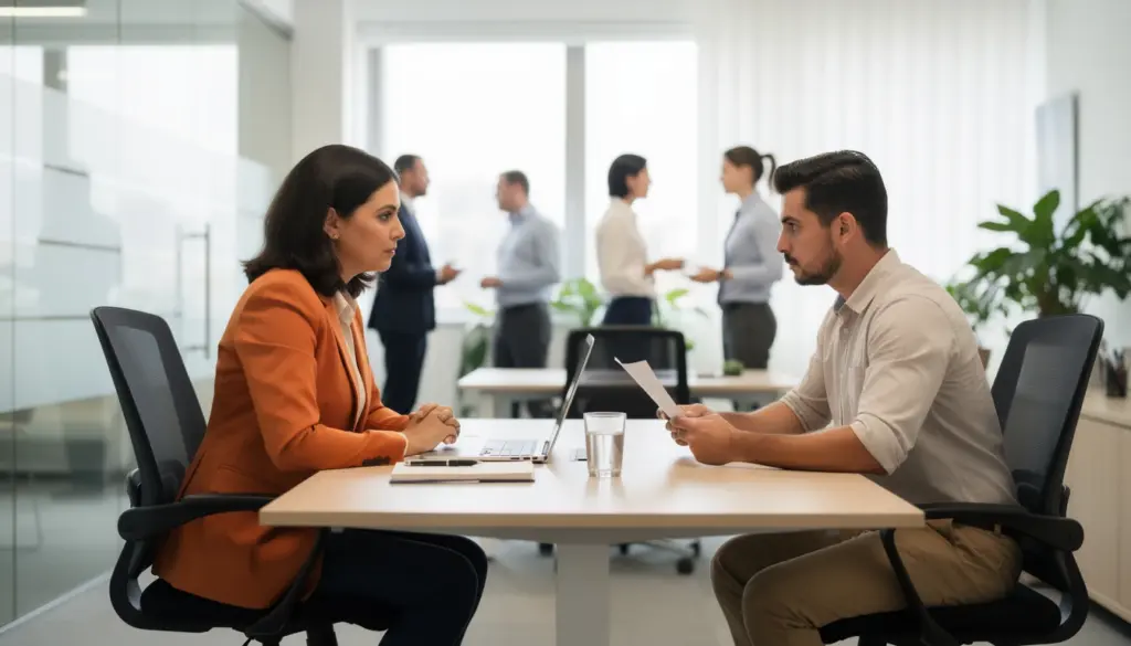Entrevista de emprego em uma sala de escritório moderno, simbolizando o tema de layoffs e direitos trabalhistas no Brasil.
