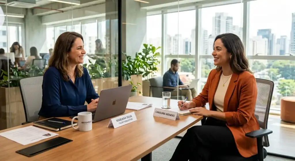 Duas mulheres em uma entrevista de trabalho na empresa, discutindo aspectos relacionados a layoff, direitos e legislação trabalhista no Brasil.