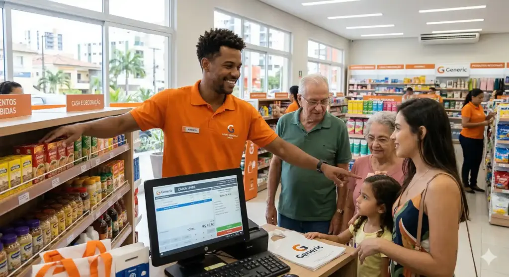 Funcionário atendendo clientes em uma loja, explicando sobre a carga horária de 44 horas semanais e como calcular horas por dia.