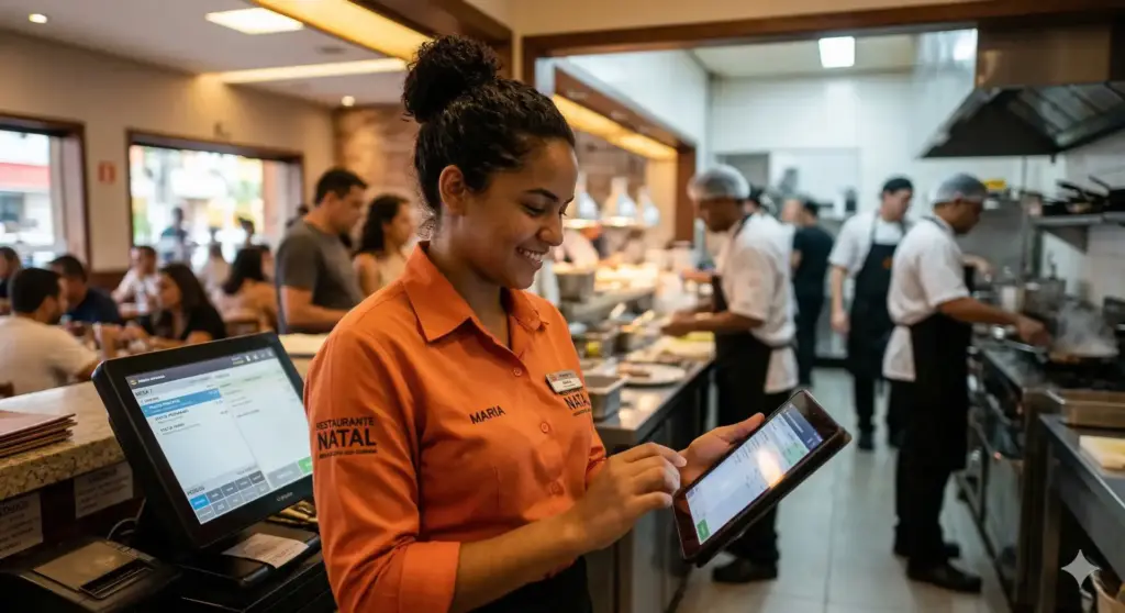 Garçonete usando tablet em restaurante movimentado, com equipe de cozinha ao fundo, ilustrando o tema de 44 horas semanais e cálculo de horas por dia