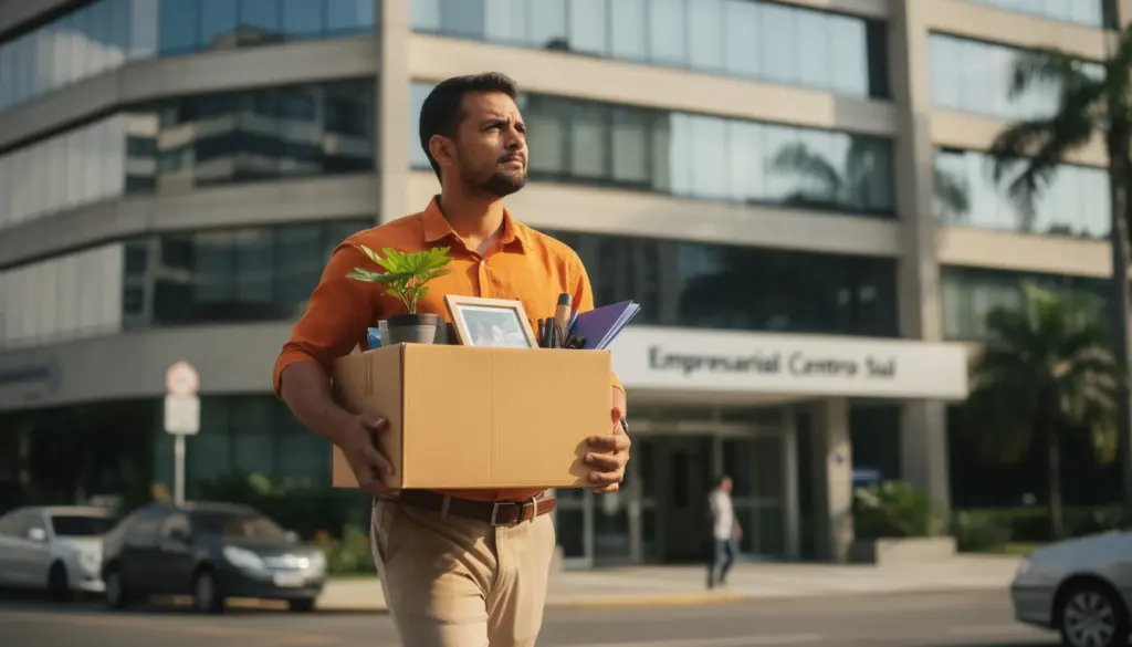 Homem segurando uma caixa com itens pessoais, simbolizando demissão ou layoff, em frente a prédio empresarial no Brasil, ilustrando o tema de layoffs no contexto brasileiro.