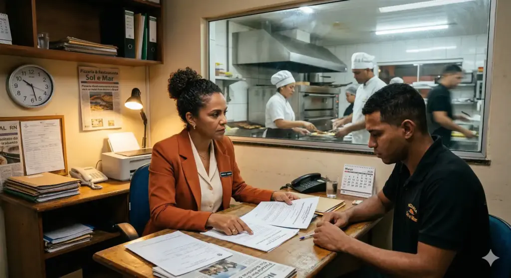 Duas pessoas em uma sala de escritório conversando sobre documentos de homologação trabalhista com vista para uma cozinha industrial ao fundo.