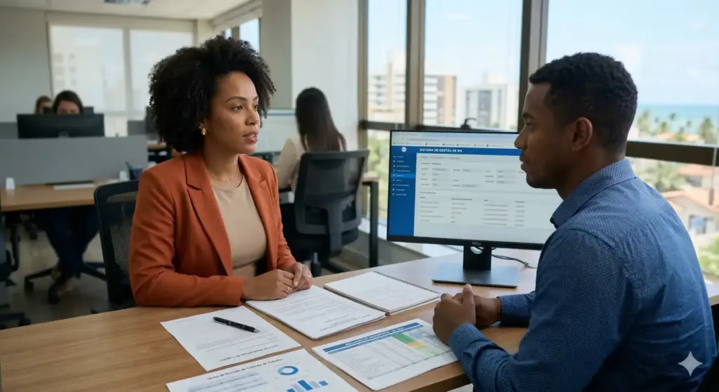 Homologação trabalhista: reunião entre profissional e cliente em escritório com computadores e documentos.