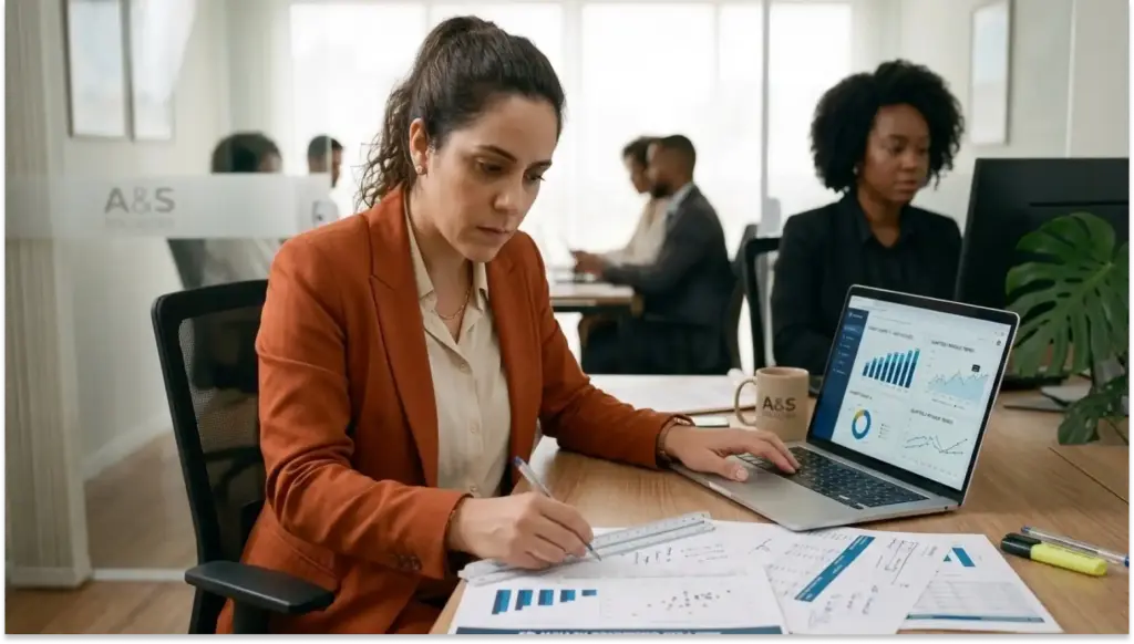 Mulher de negócios analisando dados de Gestão Comportamental em uma reunião de escritório, com gráficos no laptop e papéis na mesa, em ambiente profissional.