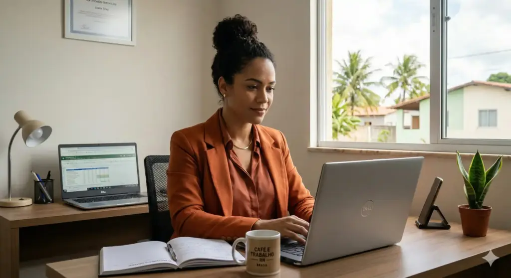 Mulher trabalhando de forma remota em escritório, com computador portátil, livros, planta e decoração na parede, ilustrando o tema de trabalho remoto e regras da CLT.