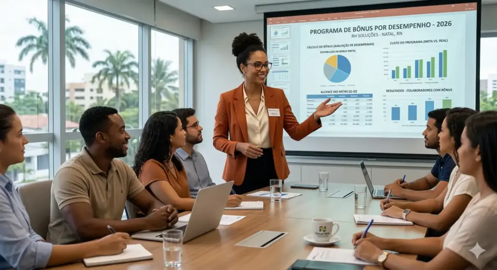 Professora apresentando dados de bônus por desempenho e orçamentos em uma reunião empresarial, com foco em estratégias de remuneração variável.