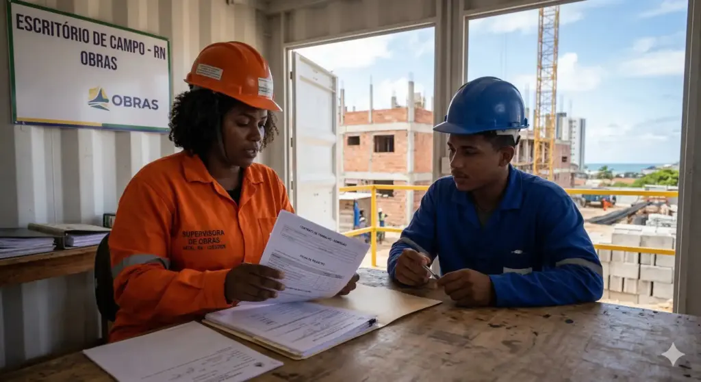 Profissionais de construção civil discutindo documentação no escritório de campo durante homologação trabalhista.
