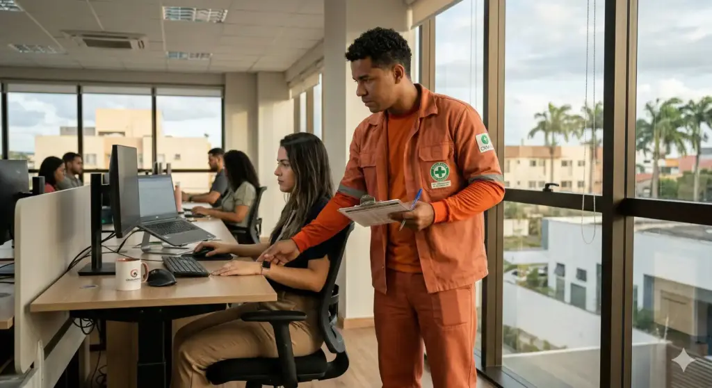 Profissional de saúde orienta funcionários de escritório sobre doenças ocupacionais, sinais de risco e medidas preventivas no ambiente de trabalho.