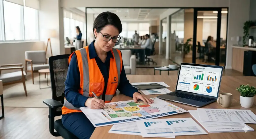 Profissional de Segurança do Trabalho analisando planos de trabalho e dados em ambiente de escritório, relacionado a SESMT, atribuições e regras NR-4