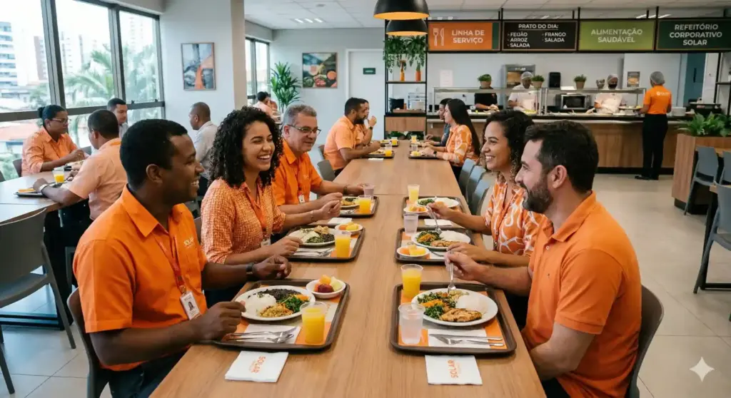 Funcionários participando de uma confraternização no refeitório corporativo, promovendo o Programa de Alimentação do Trabalhador (PAT) com refeições saudáveis