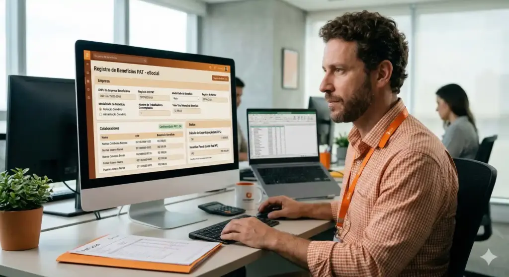 Homem trabalhando em computador com tela que exibe o registro de benefícios do Programa de Alimentação do Trabalhador (PAT), em ambiente de escritório moderno.