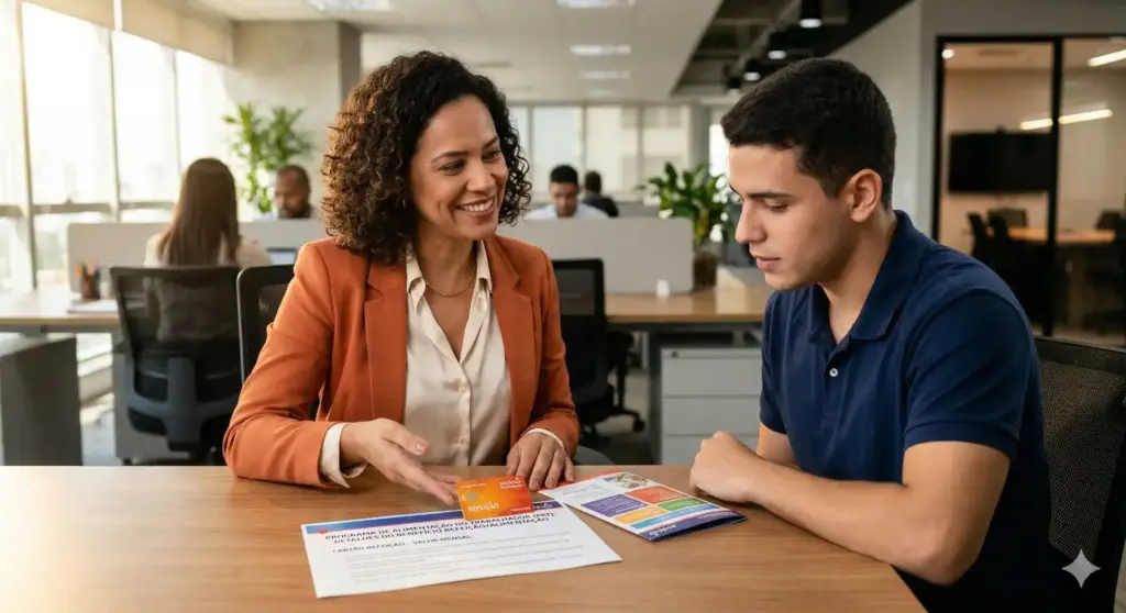 Duas pessoas discutindo sobre o Programa de Alimentação do Trabalhador (PAT) em ambiente de escritório, com documentos e material informativo na mesa.