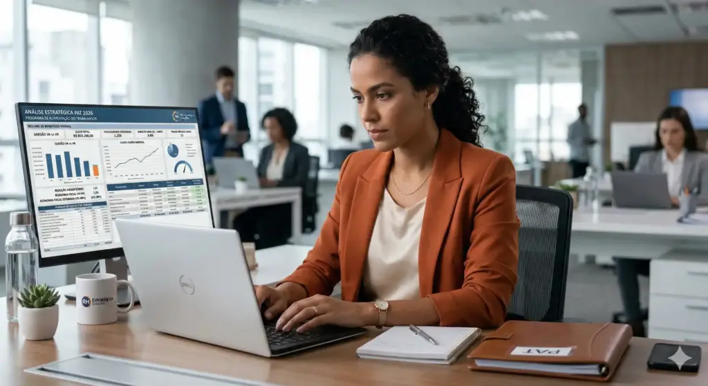 Mulher trabalhando em escritório, analisando gráficos na tela do computador sobre Programa de Alimentação do Trabalhador (PAT). Ambiente corporativo moderno e profissional.