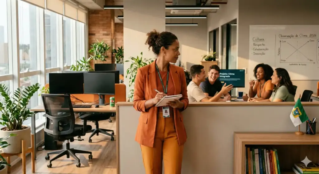 Fotografia de uma mulher de terno laranja com crachá, em ambiente de escritório moderno, participando de uma reunião de equipe com colegas, representando o conceito de Psicologia Organizacional.