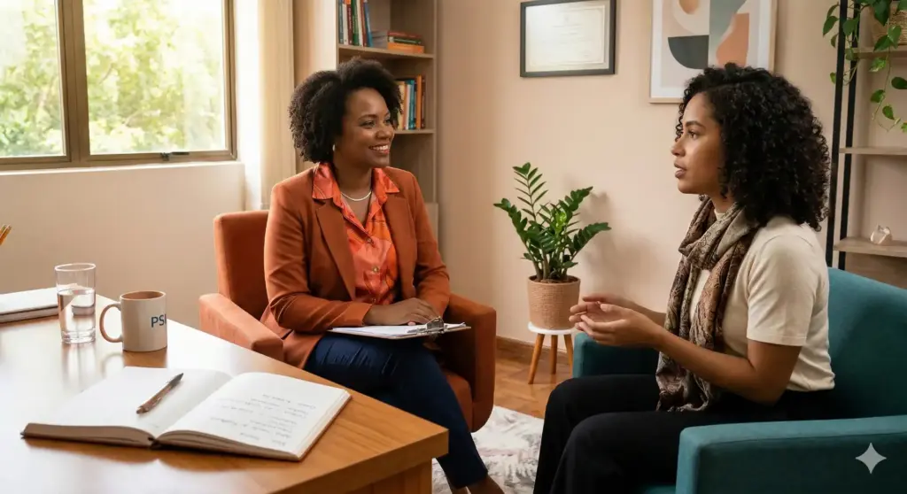 Duas mulheres em uma sessão de psicologia organizacional, conversando em uma sala de escritório com janelas e plantas decorativas ao fundo.