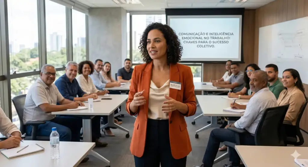 Sessão de treinamento sobre comunicação, inteligência emocional e sucesso coletivo na psicologia organizacional, com profissional diante de equipe em sala de aula moderna.