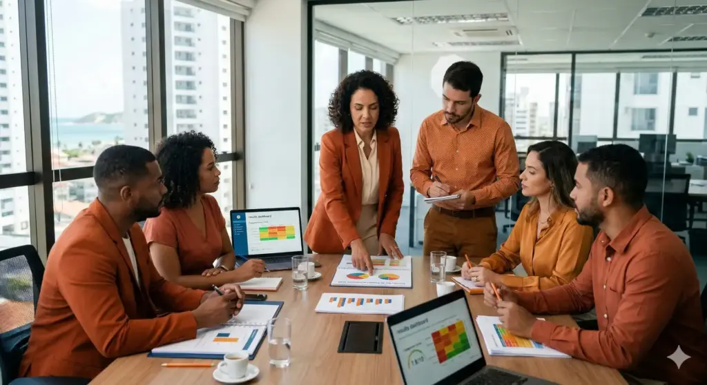 Equipe de profissionais em uma reunião de psicologia organizacional discutindo estratégias e exemplos de aplicação no ambiente de trabalho.