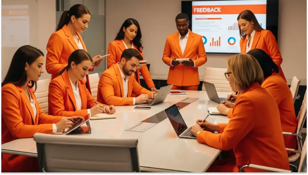 Reunião de equipe com profissionais usando roupas laranja, em uma sala de conferência moderna e bem estruturada, discutindo estratégias de feedback